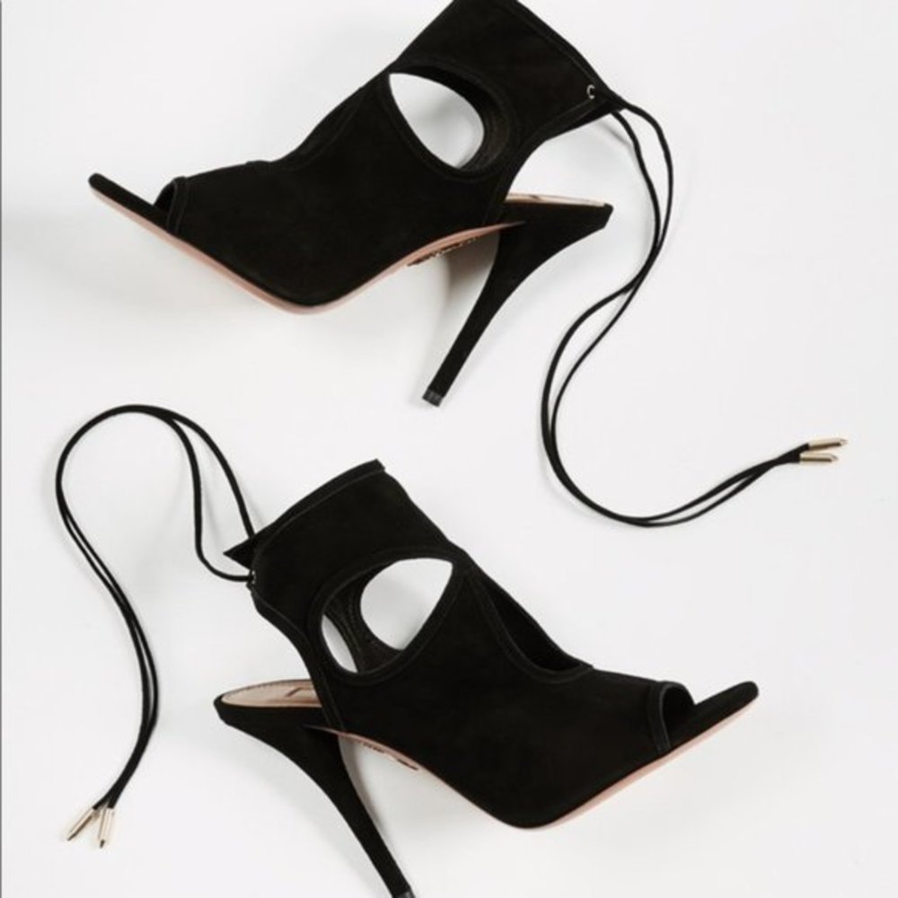 AQUAZZURA Sexy Thing Black Heels Suede Sandal Cutout Booties EU 36   US Size 6